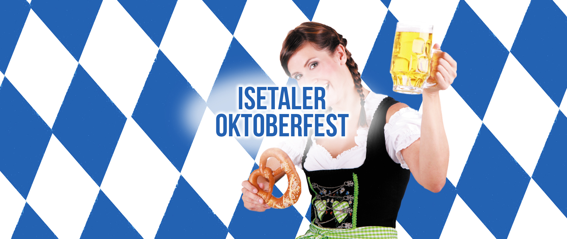 Verschwommene Achterbahn- oder Fahrgeschäftszene, bunt beleuchtet, mit dem Text 'Isetaler Oktoberfest' im Vordergrund.