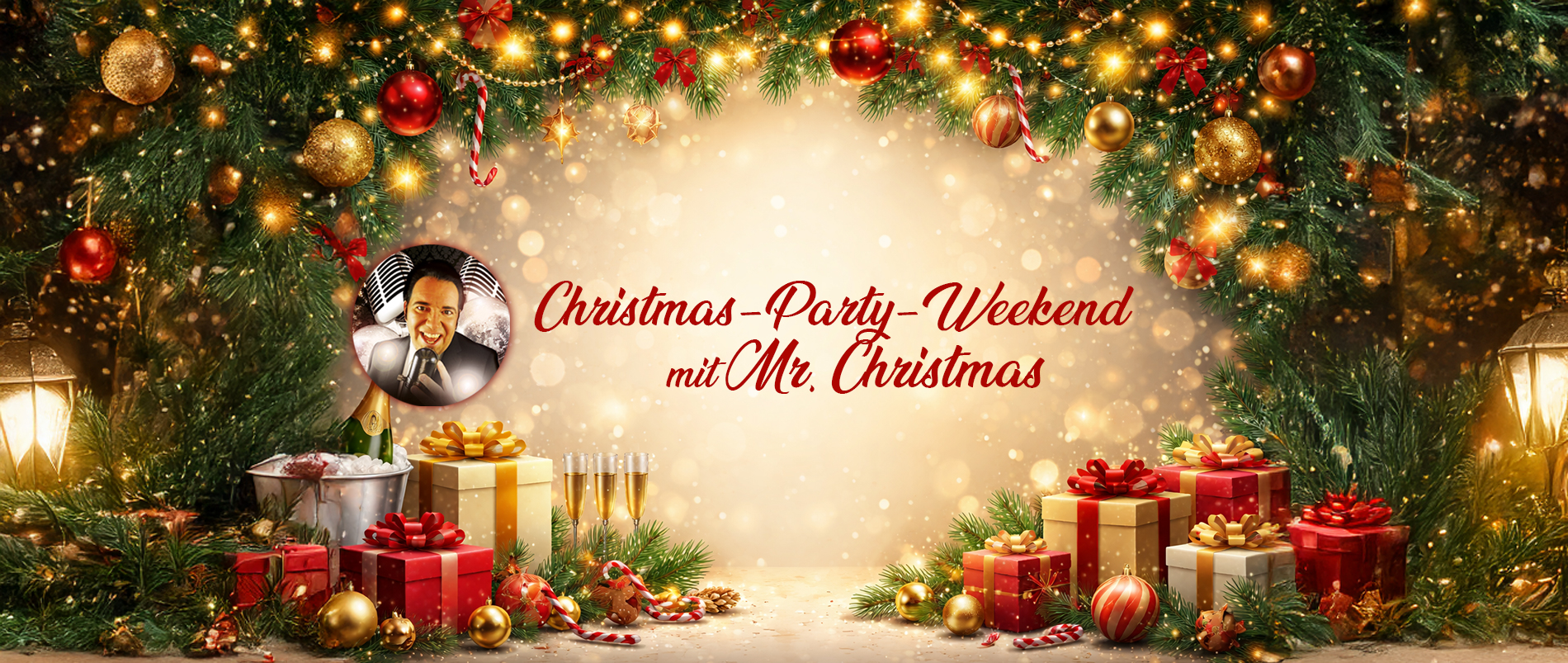 Buntes Weihnachtsbild mit Aufschrift 'Christmas-Party-Weekend' und gezeichnetem Weihnachtsmann.