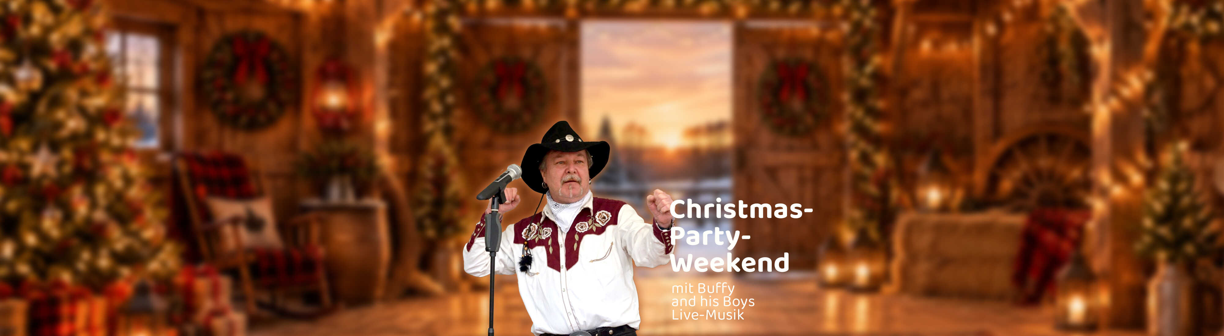 Ein Country-Sänger mit schwarzem Cowboyhut steht vor festlich-weihnachtlicher Kulisse und sorgt mit Live-Musik für gemütliche Christmas-Party-Stimmung.

