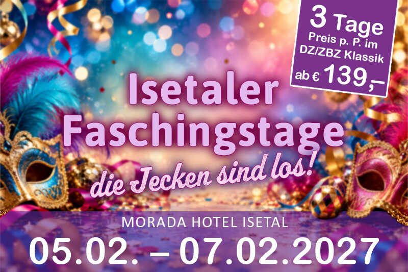 Bunte Faschingsmasken, Luftschlangen und glitzernde Dekoration sorgen vor einem leuchtenden, festlichen Hintergrund für ausgelassene Karnevalsstimmung.