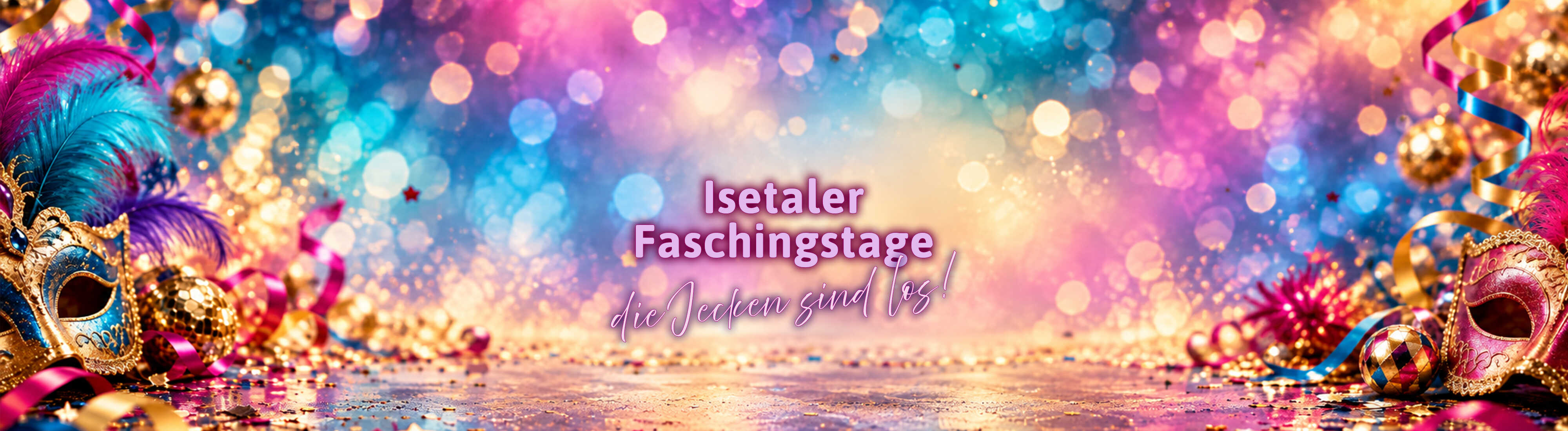 Bunte Faschingsmasken, Luftschlangen und glitzernde Dekoration sorgen vor einem leuchtenden, festlichen Hintergrund für ausgelassene Karnevalsstimmung.