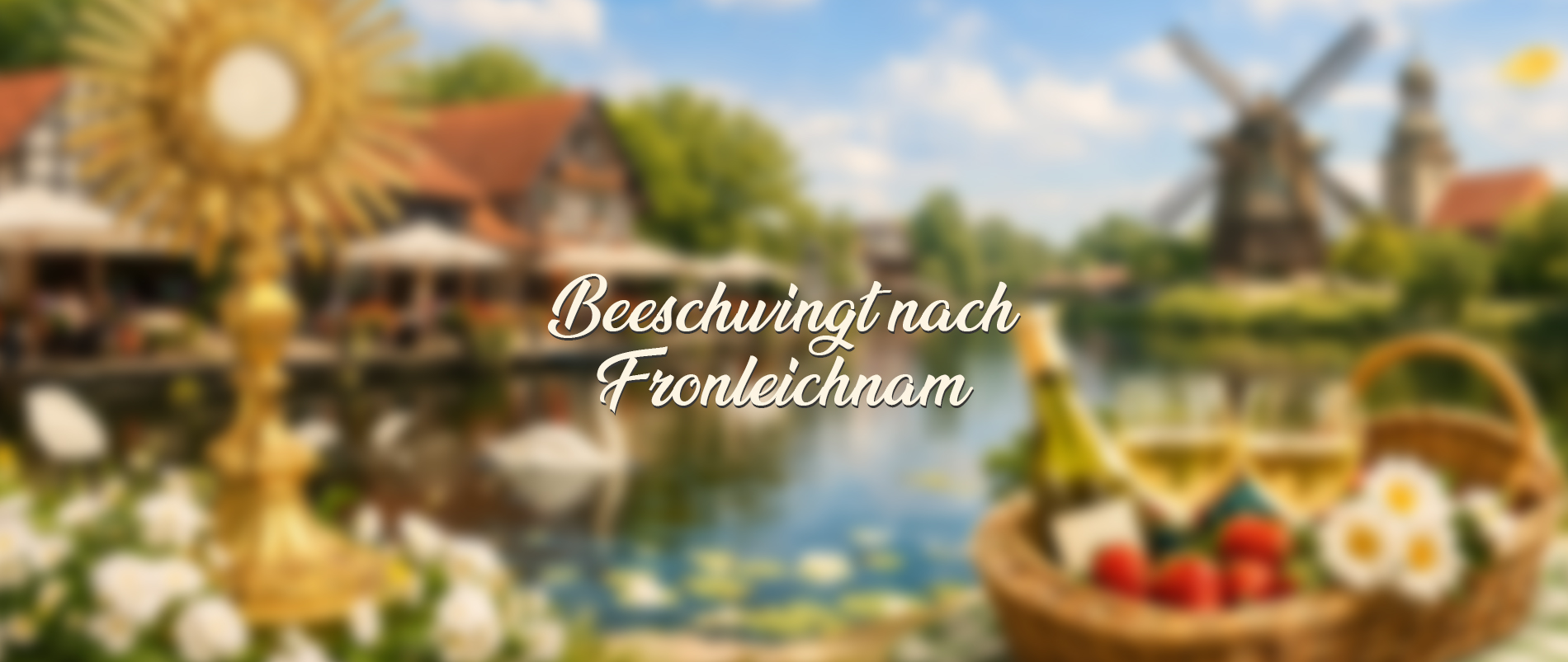 Mehrere brennende Kerzen mit der Aufschrift 'Beschwingtes Fronleichnamsfest'.