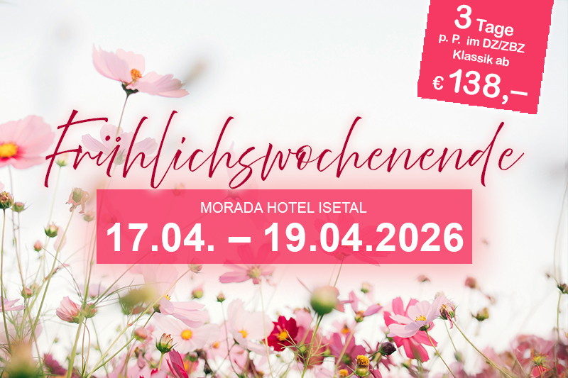 Werbung für das Evergreen-Wochenende im Morada Hotel Isetal mit Live-Musik vom 28.03. bis 30.03.2025.