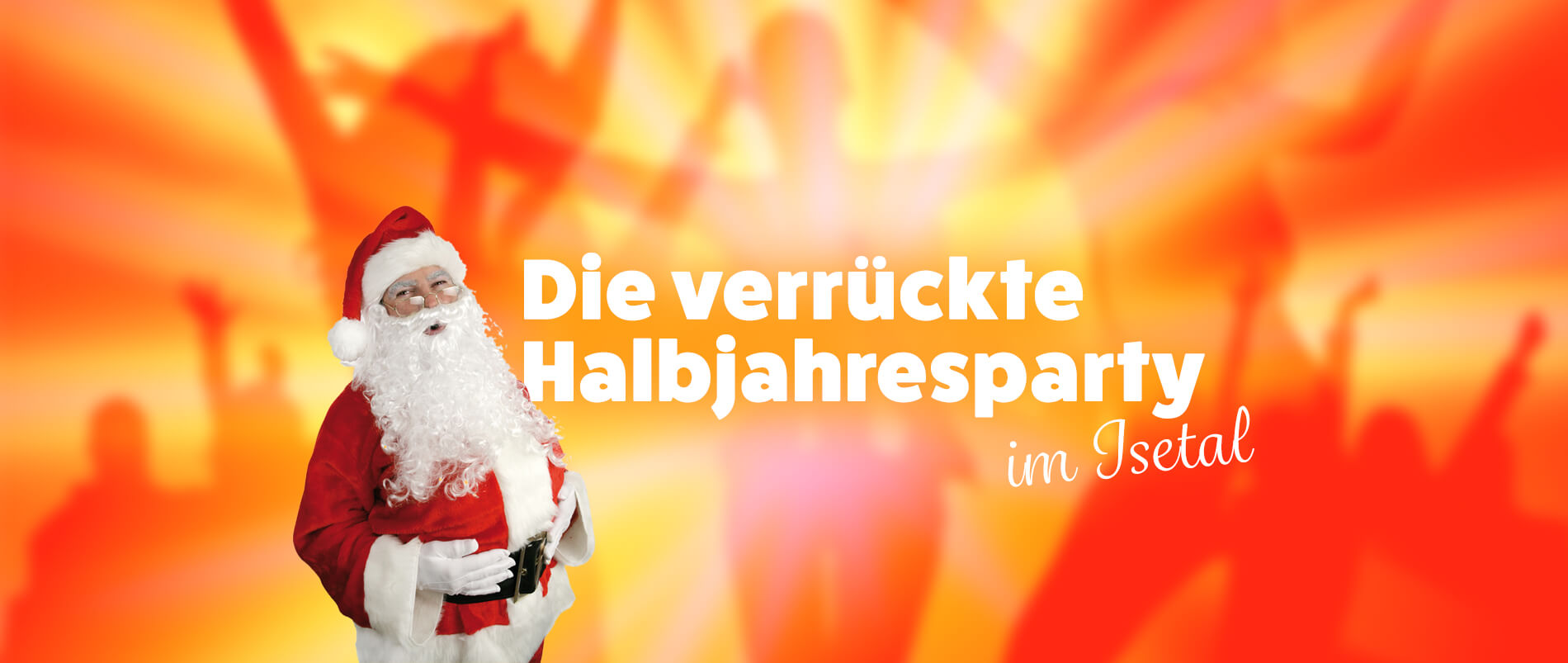 Plakat mit der Aufschrift 'Volle Pulle zu Himmelfahrt' in einer ländlichen Sonnenuntergangsszene mit Ankündigung von Live-Musik.