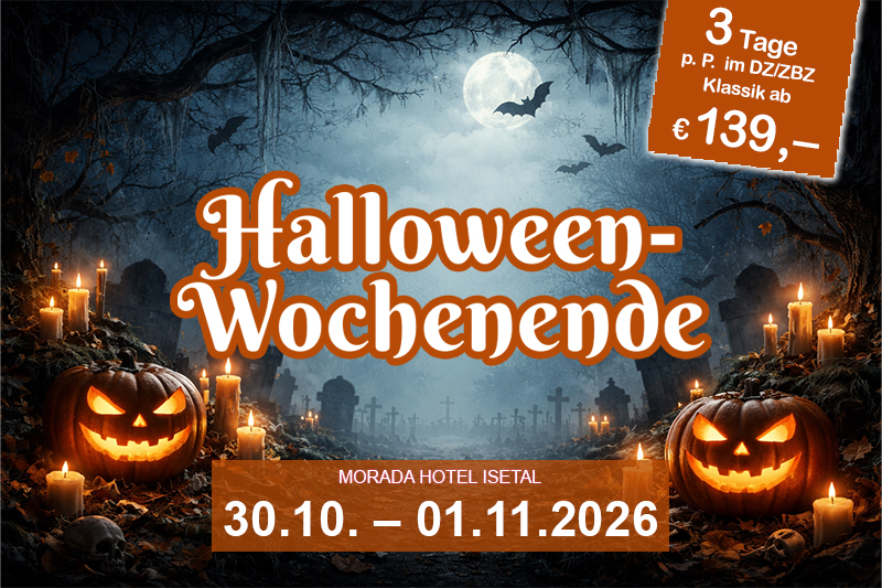 Werbung für ein Halloween-Wochenende im Morada Hotel Isetal Gifhorn mit Live-Musik, DJ und einem Kürbis im Hintergrund.