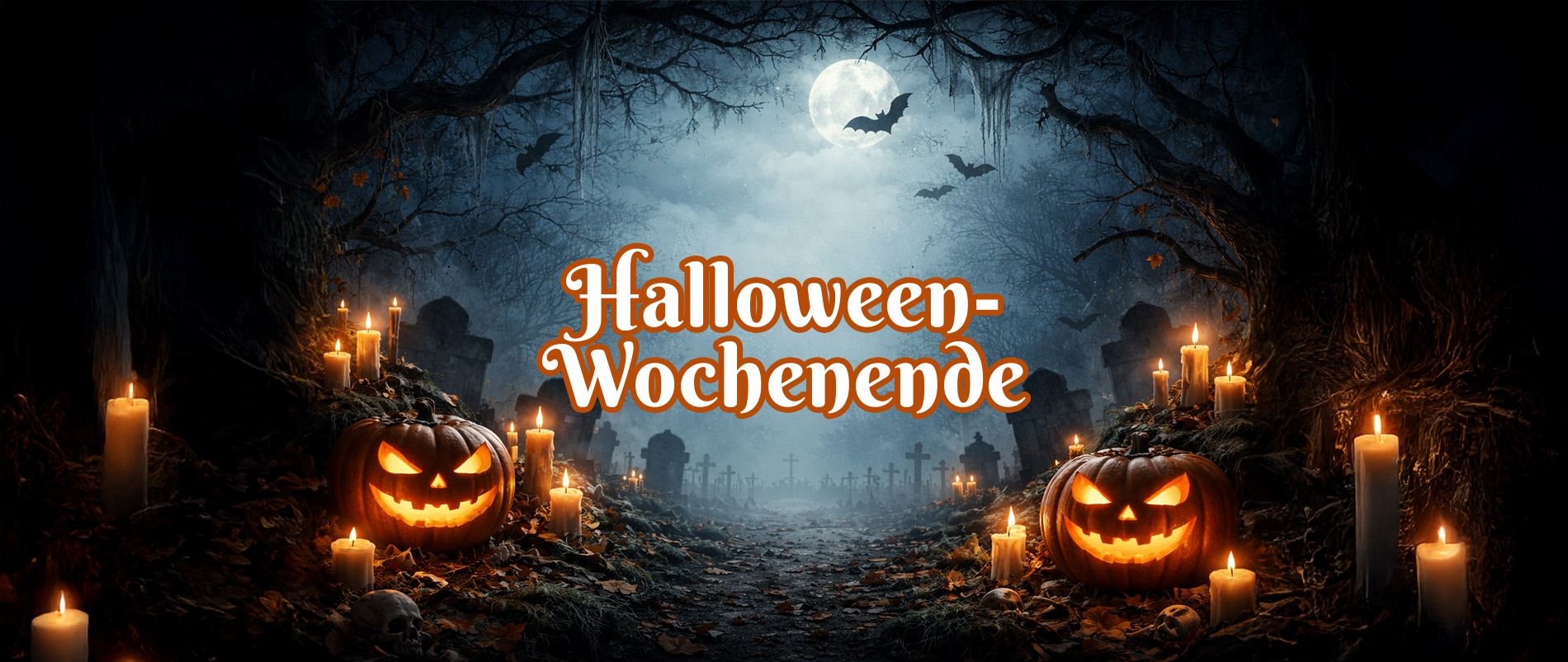 Ein leuchtender Kürbis mit geschnitztem Gesicht und Rauch, daneben der Text 'Halloween-Wochenende'.