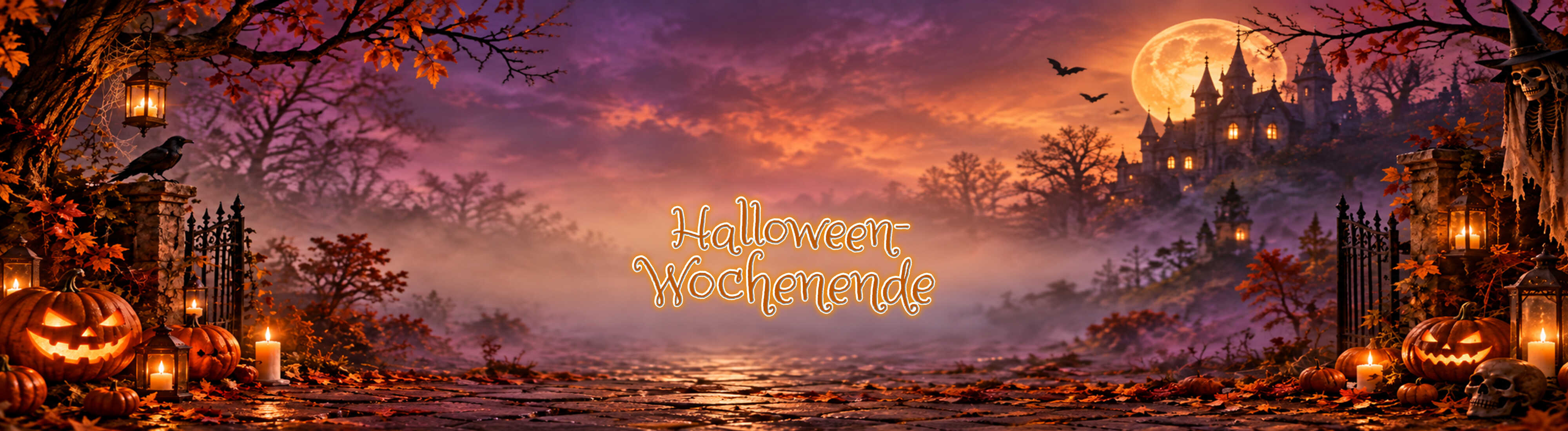 Leuchtende Kürbisse, Laternen, kahle Bäume und Fledermäuse schaffen in der herbstlichen Abenddämmerung eine geheimnisvolle Halloween-Atmosphäre.
