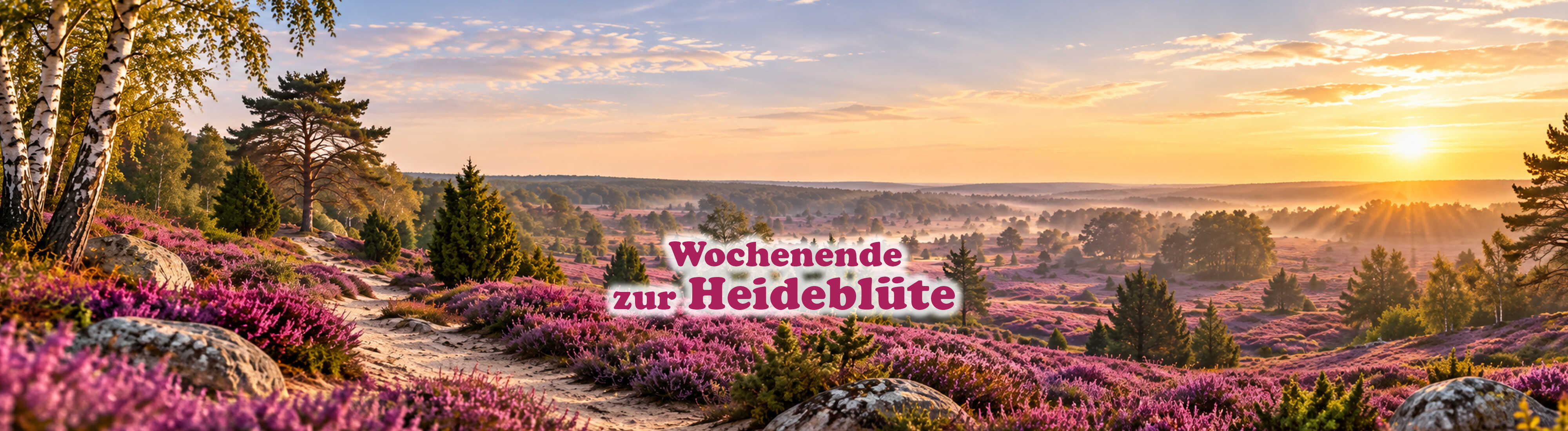 Eine blühende Heidelandschaft mit violetter Heide, Birken und warmem Sonnenlicht vermittelt eine ruhige, sommerliche Naturstimmung.
