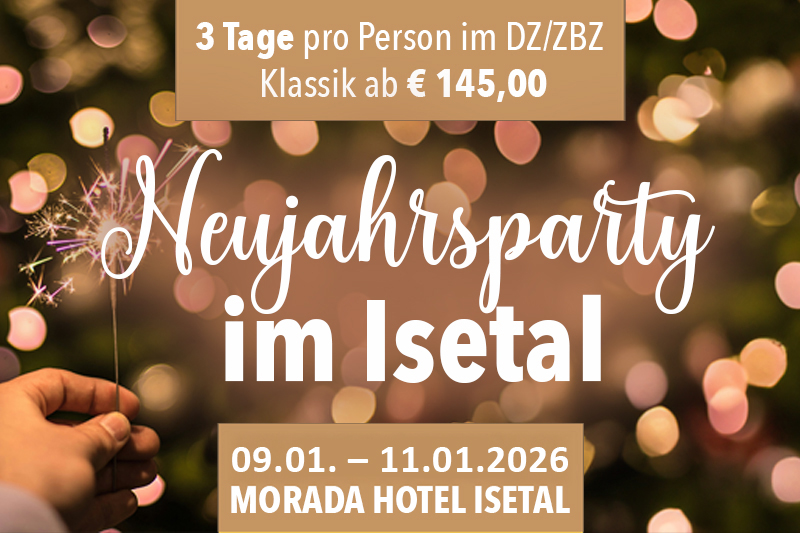 Neujahrsparty im Isetal, 10.-12. Januar 2025 Ankündigungsposter für Neujahrsparty im Isetal, 10.-12. Januar 2025, Kosten ab 145 Euro pro Person.
