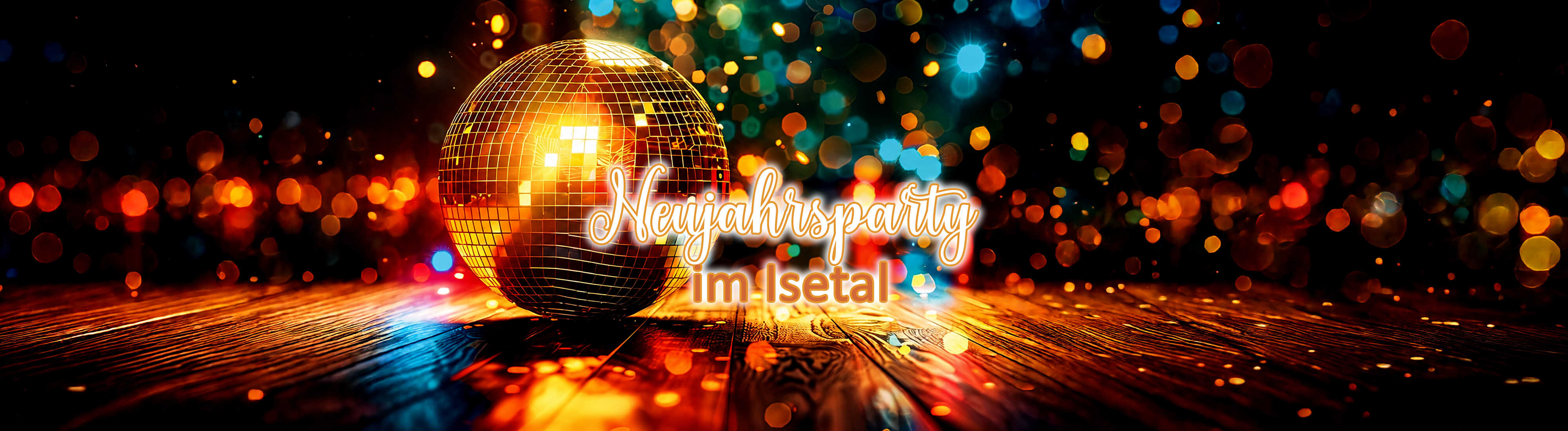 Das Bild bewirbt eine 3-tägige Neujahrsparty im MORADA Hotel Isetal vom 08.01. bis 10.01.2027 ab 149 € pro Person in festlicher Disco-Atmosphäre mit großer Spiegelkugel und bunten Lichtern.