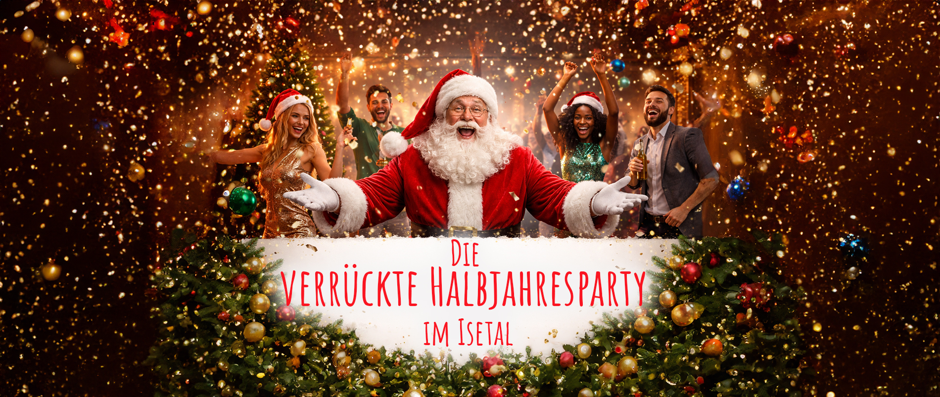 Plakat mit der Aufschrift 'Volle Pulle zu Himmelfahrt' in einer ländlichen Sonnenuntergangsszene mit Ankündigung von Live-Musik.