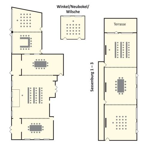 Grundriss eines Veranstaltungsortes mit mehreren beschrifteten Bereichen und Sitzanordnungen.