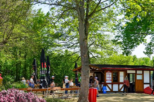 Ein Kiosk in einem parkähnlichen Bereich mit Tischen, Stühlen und Menschen. Im Hintergrund sind Bäume und grüne Blätter zu sehen.